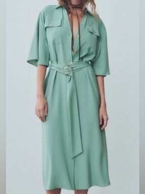 Zara| Green Boho Belted Midi Shirt Dress Sz L